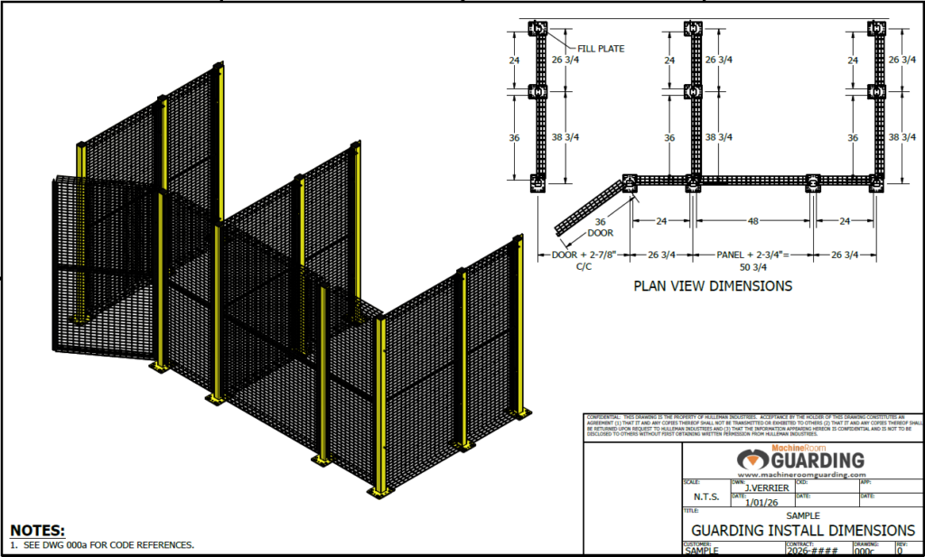 Sample assembly drawing showing how Global Guarding panels, posts, and hardware fit together