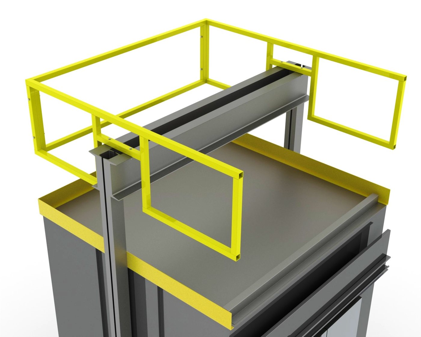 3D engineering render of a car top safety railing mounted around the perimeter of an elevator car top.