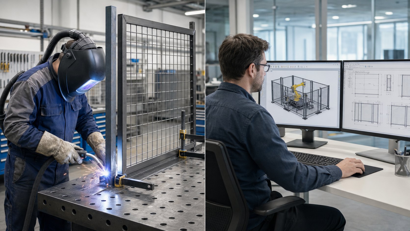 Fabricator welding a wire-mesh guarding panel in a machine shop, alongside an engineer reviewing a 3D guarding design on a CAD workstation.