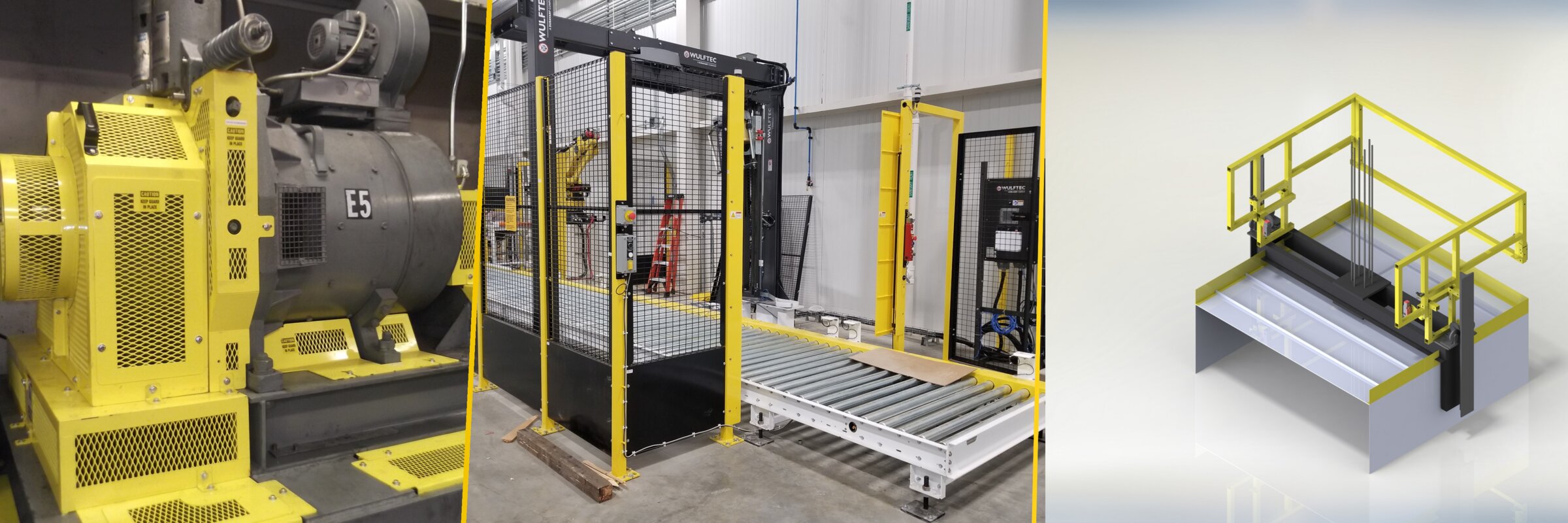 Three views of machine and perimeter guarding work: an expanded-metal machine guard, an access-controlled perimeter enclosure around a robotic cell, and a 3D render of a car top safety railing.
